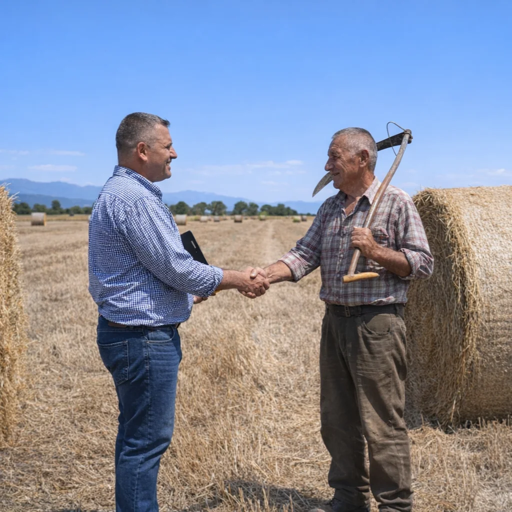 Geodetski stručnjak se rukuje s klijentom na poljoprivrednom zemljištu u Istri nakon uspješno obavljenog geodetskog posla